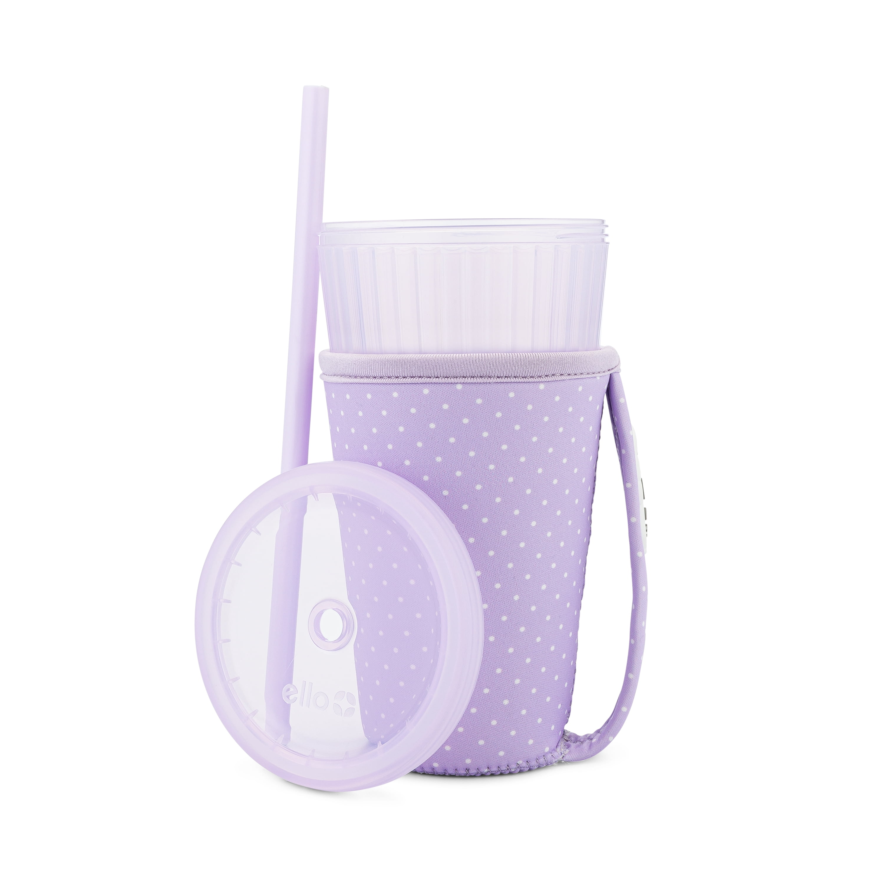 Ello Iced Coffee Cooler, 24oz Reusable Coffee Tumbler with Straw Lid and Neoprene Sleeve, Car Cup Friendly, BPA-Free, Purple Polka Dot