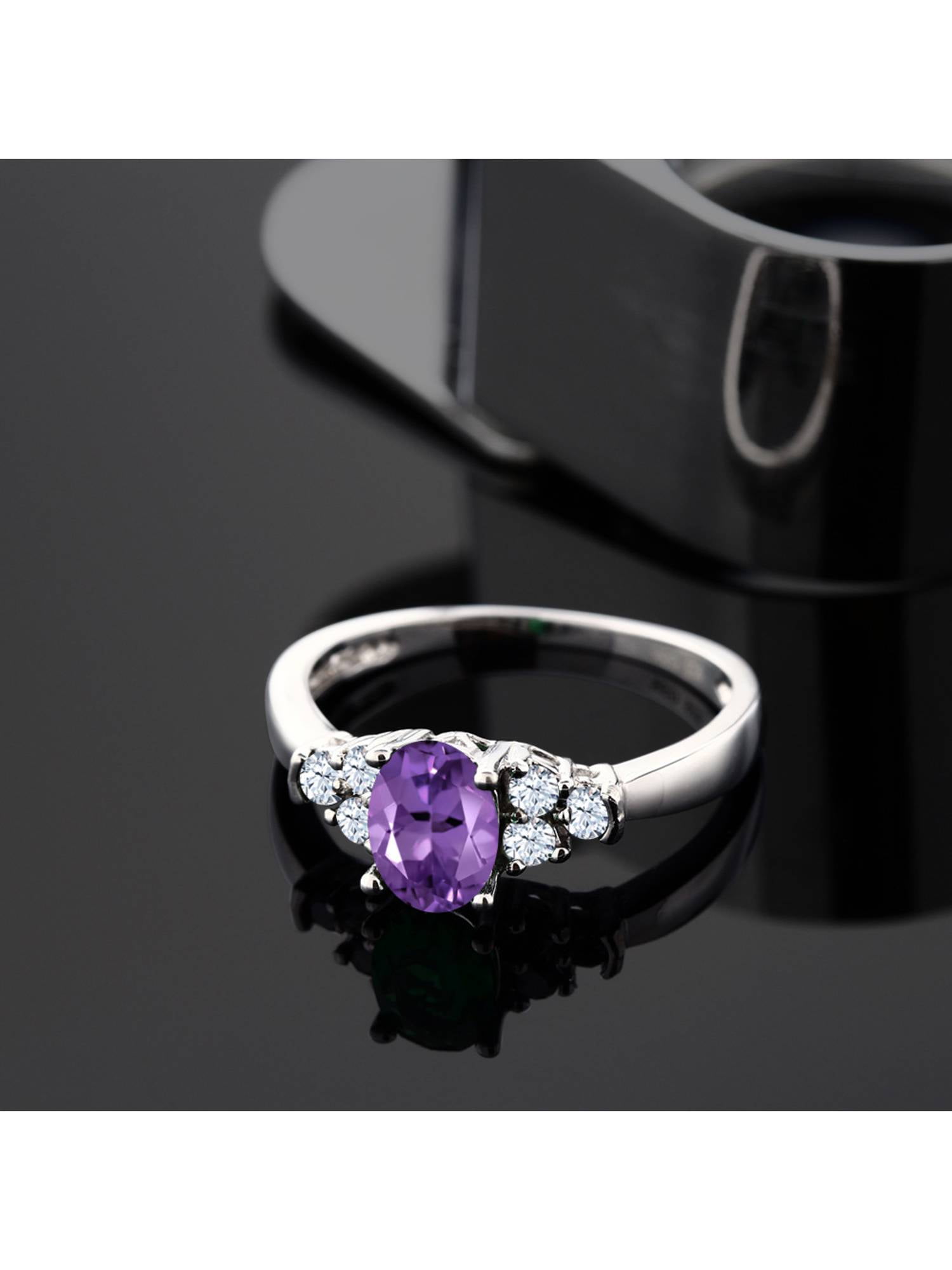 Gem Stone King 925 Sterling Silver Purple Amethyst and White Topaz Engagement Ring for Women (0.69 Cttw, Oval 6X4MM, Gemstone Birthstone, Available in Size 5, 6, 7, 8, 9)