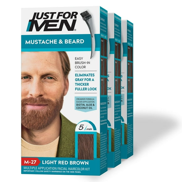 Just For Men Mustache & Beard Beard Dye for Men with Brush Included for Easy Application With Biotin Aloe and Coconut Oil for Healthy Facial Hair - Light Red Brown M-27 Pack of 3