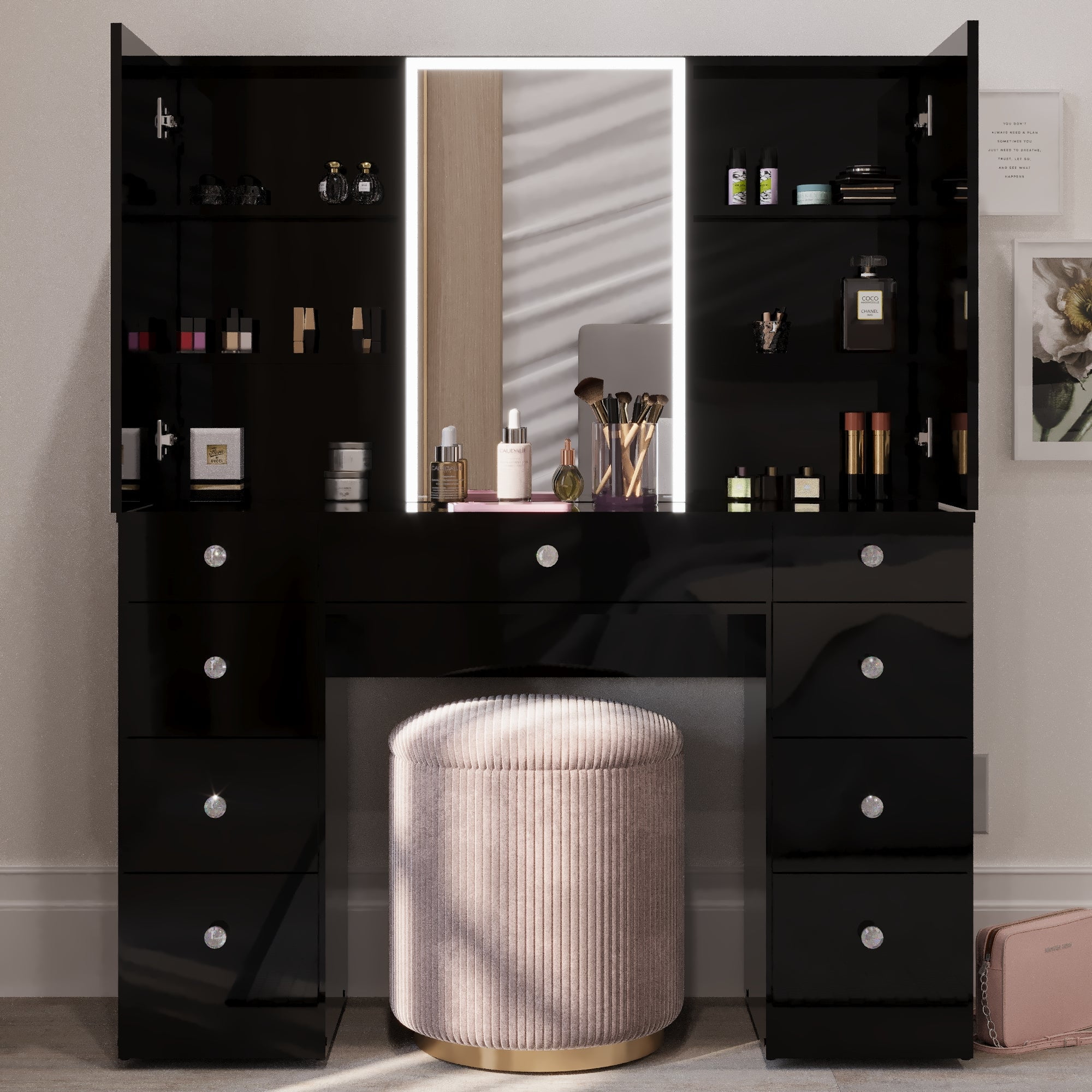 Boahaus Noah Vanity Desk with Tri-Fold Mirror, Glass Top, LED Add-On Lights, and 9 Drawers