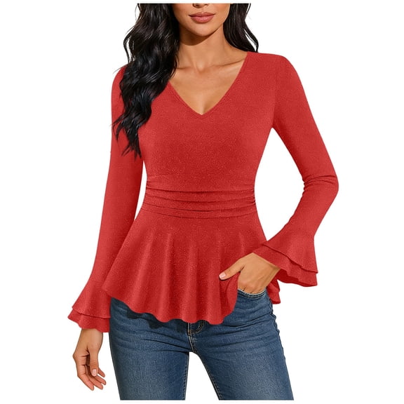 BLVB Sparkly Tops for Women Ruffle Long Sleeve V Neck Peplum Shirts Glitter Blouses for Evening Party Night