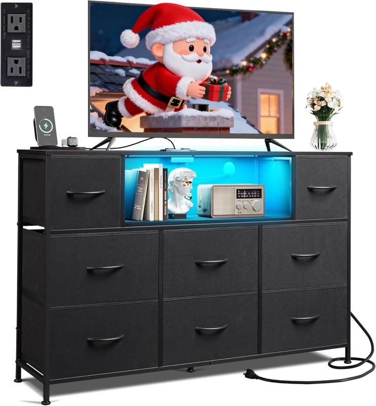 Bigleap LED TV Stand with Charging Station, Music-Sync Light Up Entertainment Center, 8 Fabric Drawer Dresser for Bedroom & Living Room, Black(Fits 45-55 inch TV)