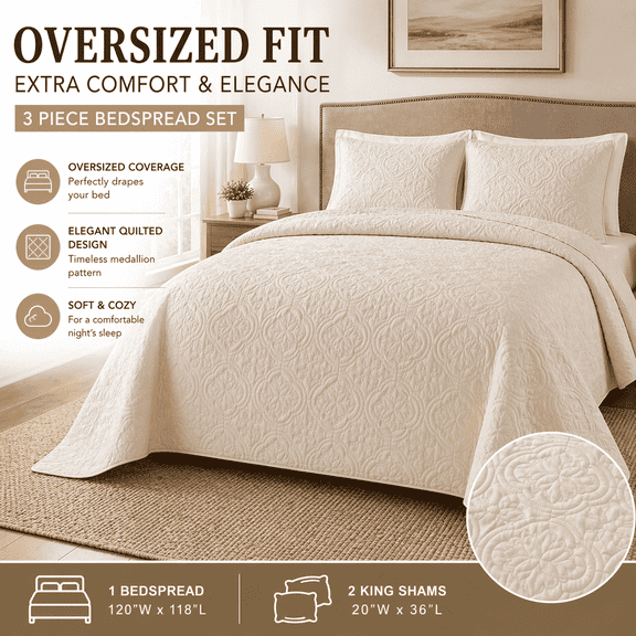 Noaman 3 Piece Reversible Bedspread Set Cream King/Cal King, Oversized Quilted Medallion Design, Hypoallergenic Polyester Filling, Ultra-Soft Microfiber, Machine Washable