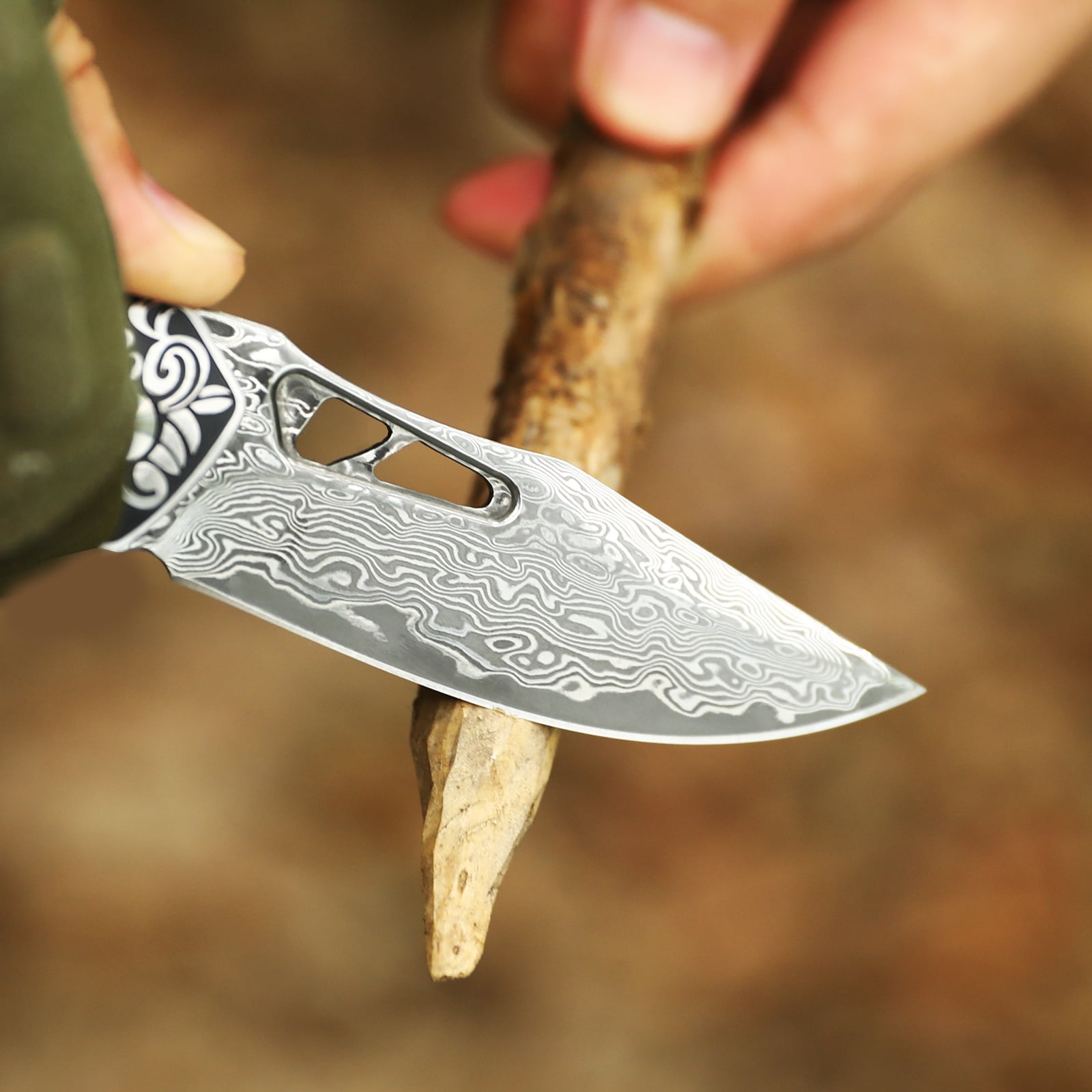 Dispatch Folding 4" Damascus Pocket Knife with Red Wood Handle