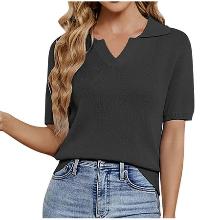 

Spring Tops Womens 2023 Women s Fashion Casual Spring And Summer Short Sleeve V-Neck Solid Color Knitting Blouses T Shirts for Women Black L