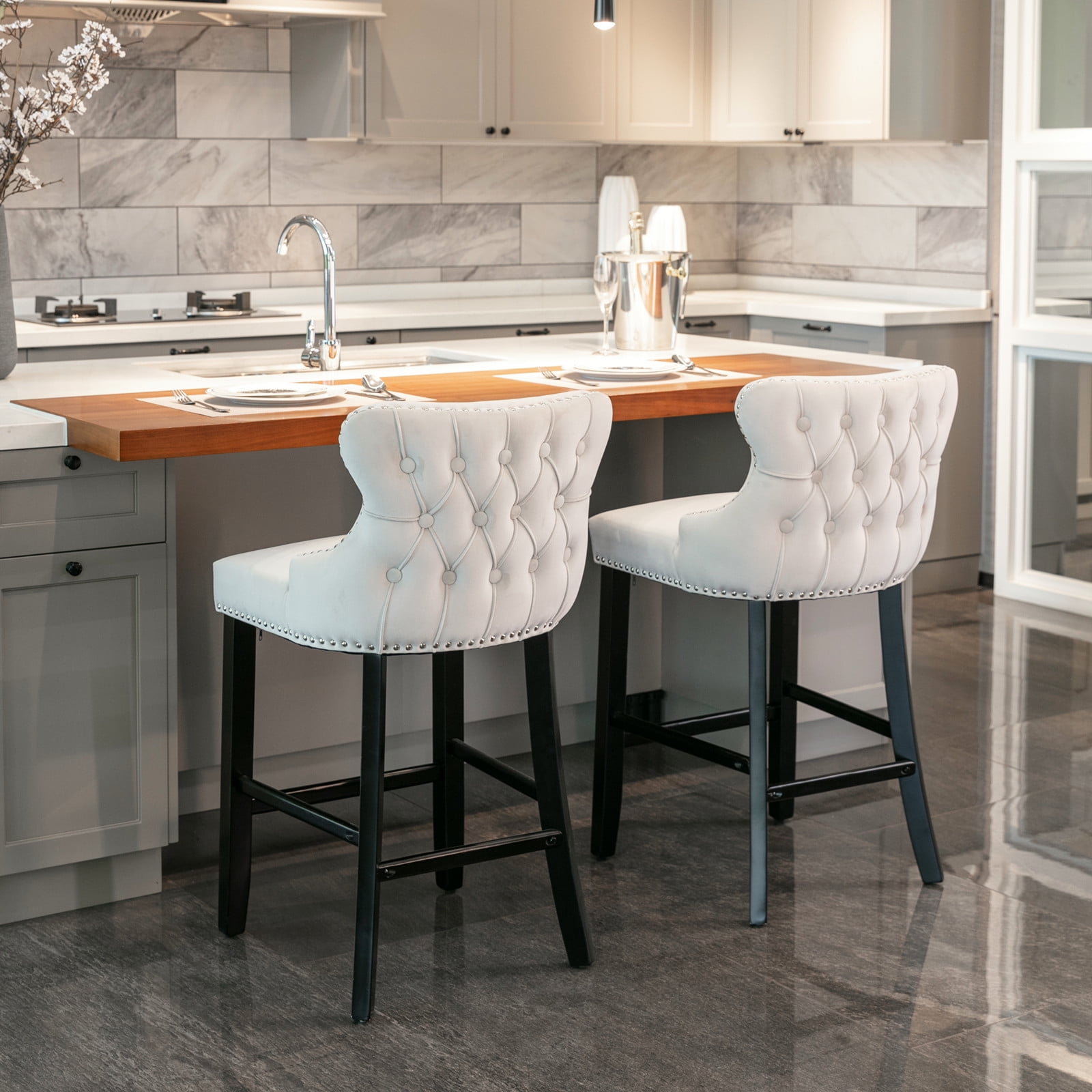 Seizeen Counter Height Bar Stools, Set of 2, Wing-back Velvet Dining Chairs with Soft Cushion, Solid Wood Legs, Button Tufted Decoration and Chrome Nailhead Trim, Beige