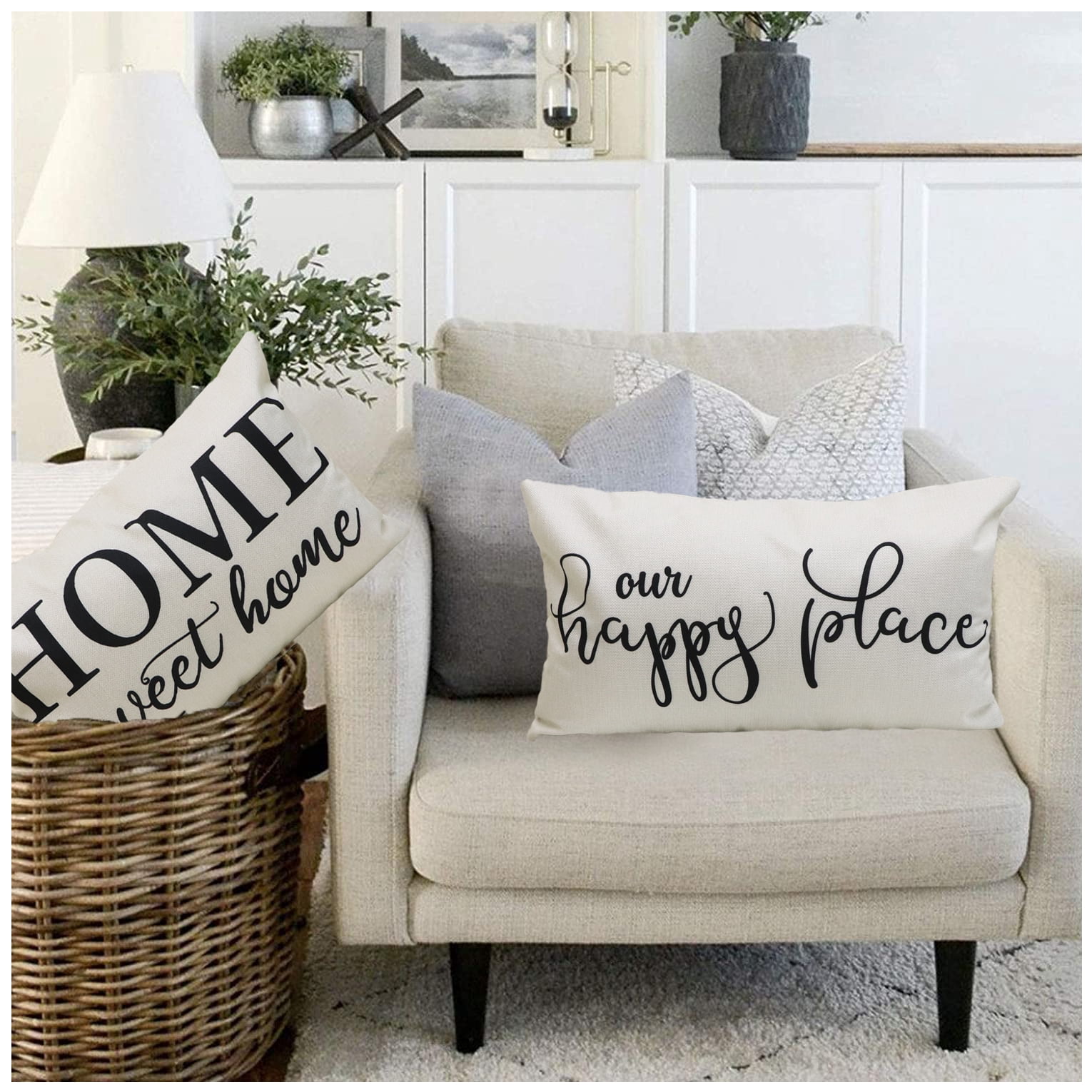 NYDECOR Set of 4 Farmhouse Pillow Covers 12x20 Quote Our Happy Place Lumbar Throw Pillow Cover This is Us Home Sweet Home Pillow Case Sweet Dreams Cushion Covers for Couch Sofa Bed Porch Chair
