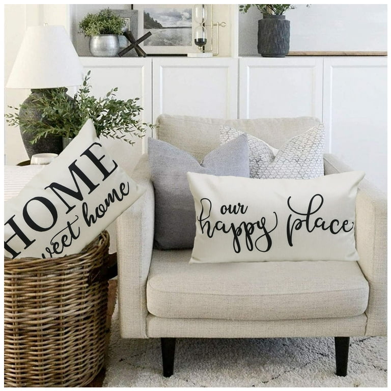 NYDECOR Set of 4 Farmhouse Pillow Covers 12x20 Quote Our Happy Place Lumbar Throw Pillow Cover This is Us Home Sweet Home Pillow Case Sweet Dreams Cushion Covers for Couch Sofa Bed