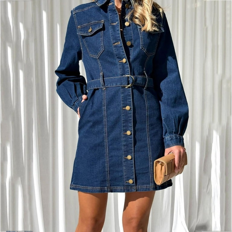 RYDCOT Denim Dresses for Women 2024 Trendy Long Sleeve Belted Turn  
