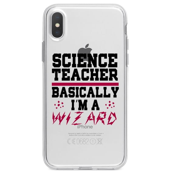DistinctInk Clear Shockproof Hybrid Case for iPhone X / XS (5.8" Screen) - TPU Bumper Acrylic Back Tempered Glass Screen Protector - Science Teacher Basically I'm a Wizard