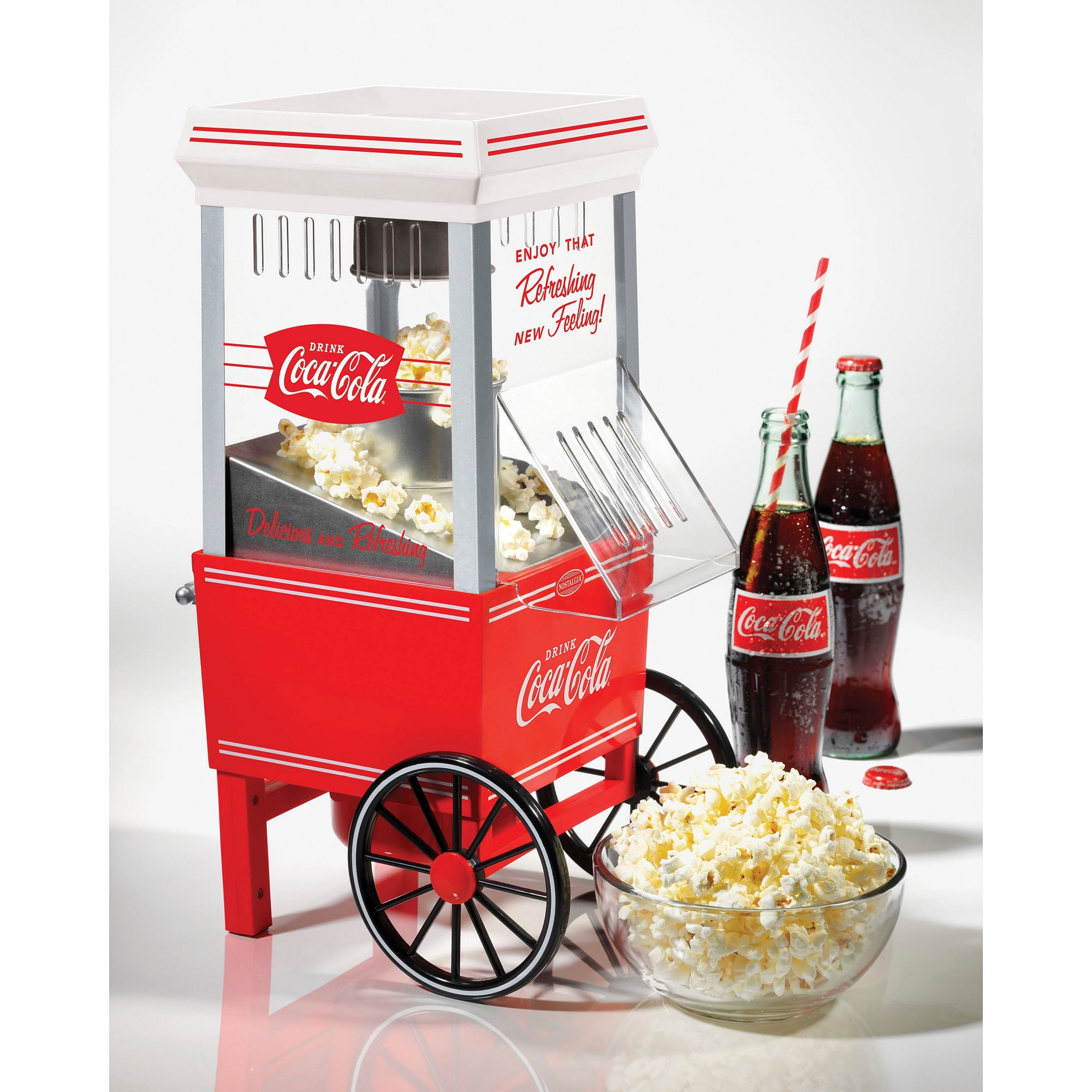 Nostalgia Popcorn Maker, 12 Cups, Coca-Cola Hot Air Popcorn Machine with  Measuring Cap, Oil Free, Vintage Movie Theater Style, White and Red