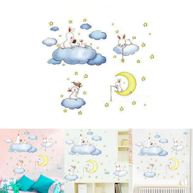 Coofit Wall Sticker Lovely Cartoon Rabbit Cloud Star Wall Mural Wall Decal for Nursery