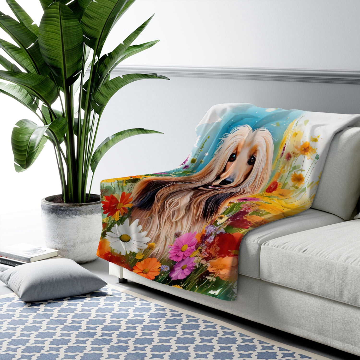 Welcome Spring Summer Afghan Hound Portrait Flower Blue Sky Cozy Sherpa Blanket Dog Lover Warm Soft Throw Blanket - 12001