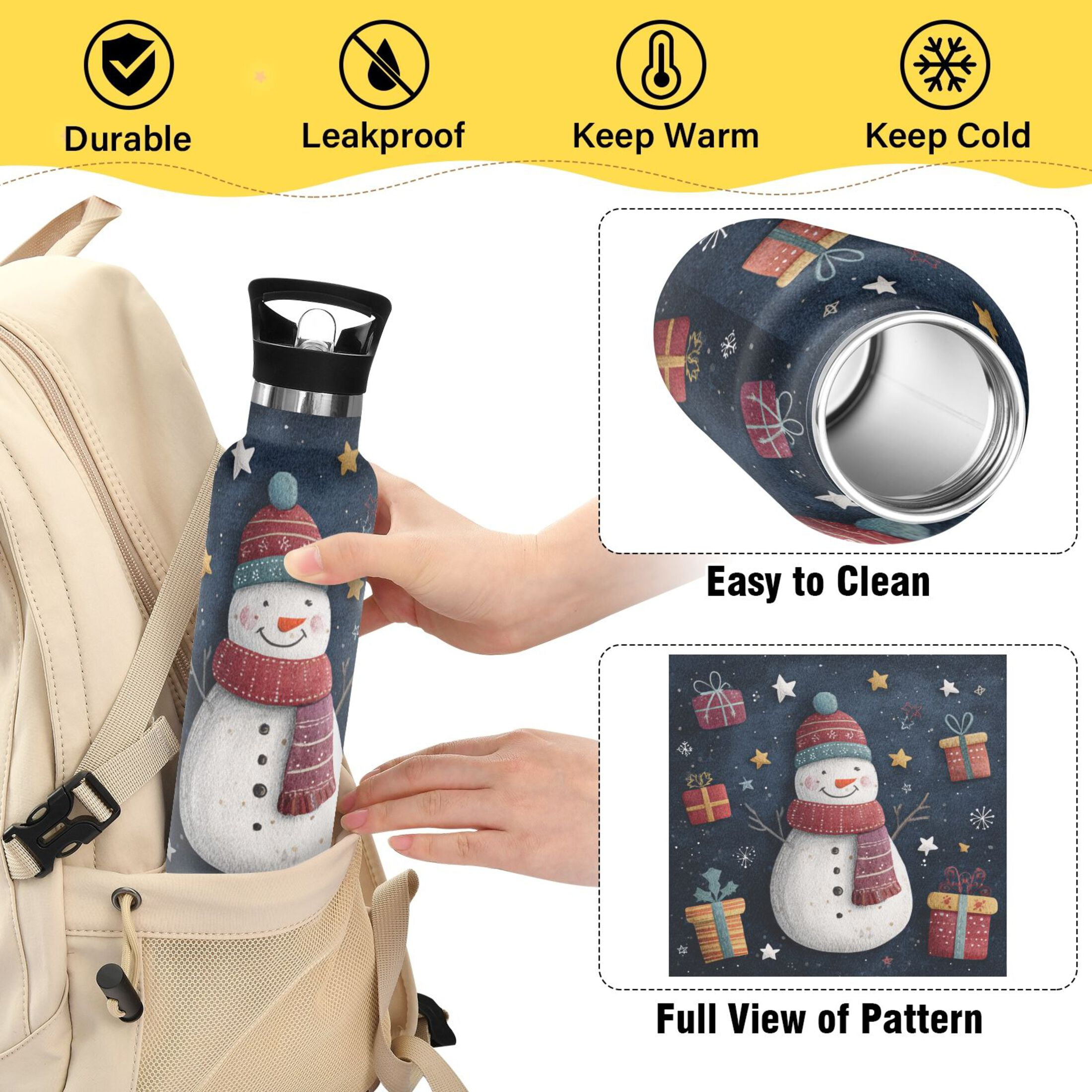 600ML Stainless Steel Insulated Cup Sports Water Bottle Portable Thermos Cup Water Glasses Insulated Tumblers Convenient and Durable Cute Christmas Snowman Cartoon