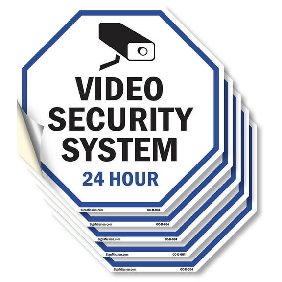 Video Security System 24 Hour (5 Pack) 4 inch X 4 inch Octagon Vinyl Label Decal Sticker Weather Resistant, UV Protected for Workplace, Private Property, and Construction Site, Made in