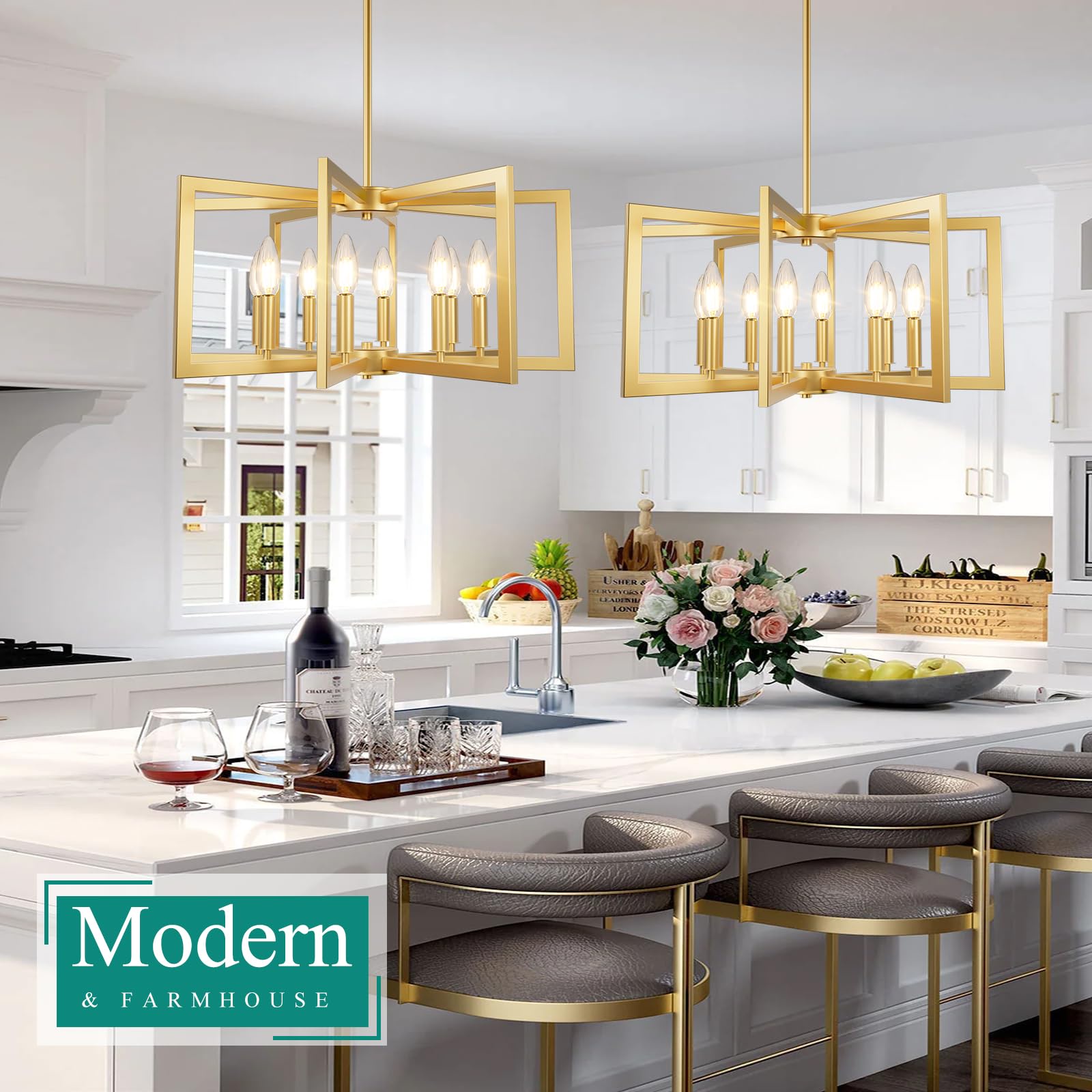 Nordic Hygge 8-Light Farmhouse Dining Room Modern Chandelier, Gold