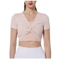 thumbnail image 2 of Olyvenn Workout Twist Front Crop Top for Women Short Sleeve Slim Fit Athletic Yoga Shirt Breathable Gym Running Sport Shirts Pink L, 2 of 4