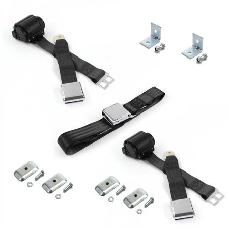 SafeTBoy Airplane 2 Point Black Retractable Bench Seat Belt Kit with Bracketry & 3 Belts for 1935-1940 Early Cars