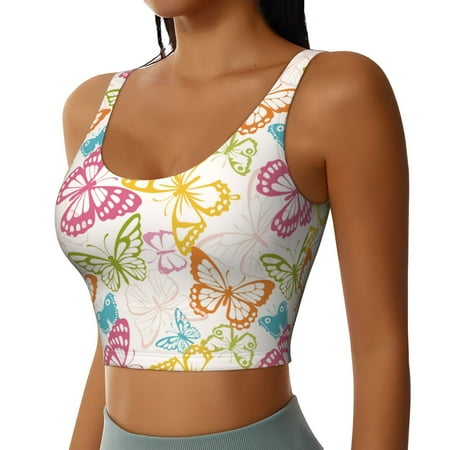 Picia Retro Colorful Butterfly Sports Bra for Women Padded Strappy Sports Bras Medium Support Yoga Bra with Removable Cups Running Yoga Bra-XX-Large