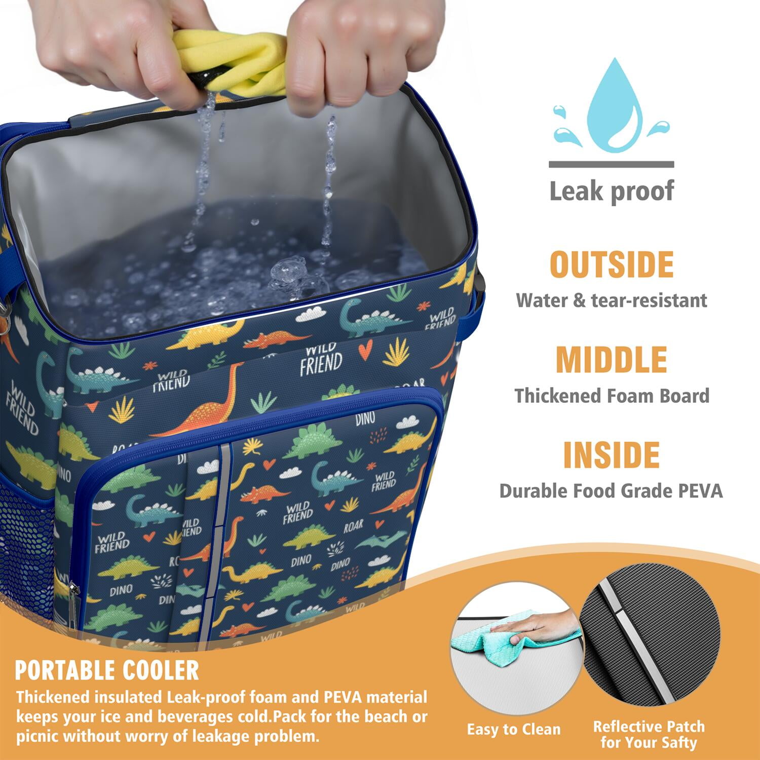 Travel Cooler Bag - Dinosaur Pattern with Text Elements Camping Beer Cooler Backpack with Bottle Opener- Waterproof Insulated Picnic Backpacks - Cooler Bag for Beach