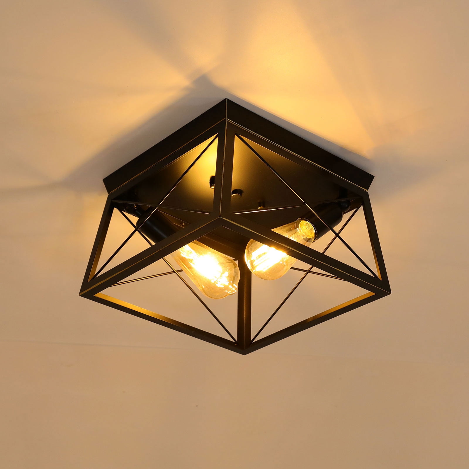 Industrial Flush Mount Ceiling Light Fixture, Ceiling Light 2-Light Close to Ceiling Lamp Metal Housing Farmhouse Square Flush Light Fixture for Hallway Bedroom