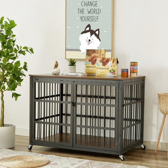 Furniture Style Dog Crate, Moveable Dog Cage Table with Wrought Iron Frame, Flip-Top Lid and Side Openings for Small and Medium Dog, Rustic Brown, 43.3''W x 29.9''D x 33.5''H