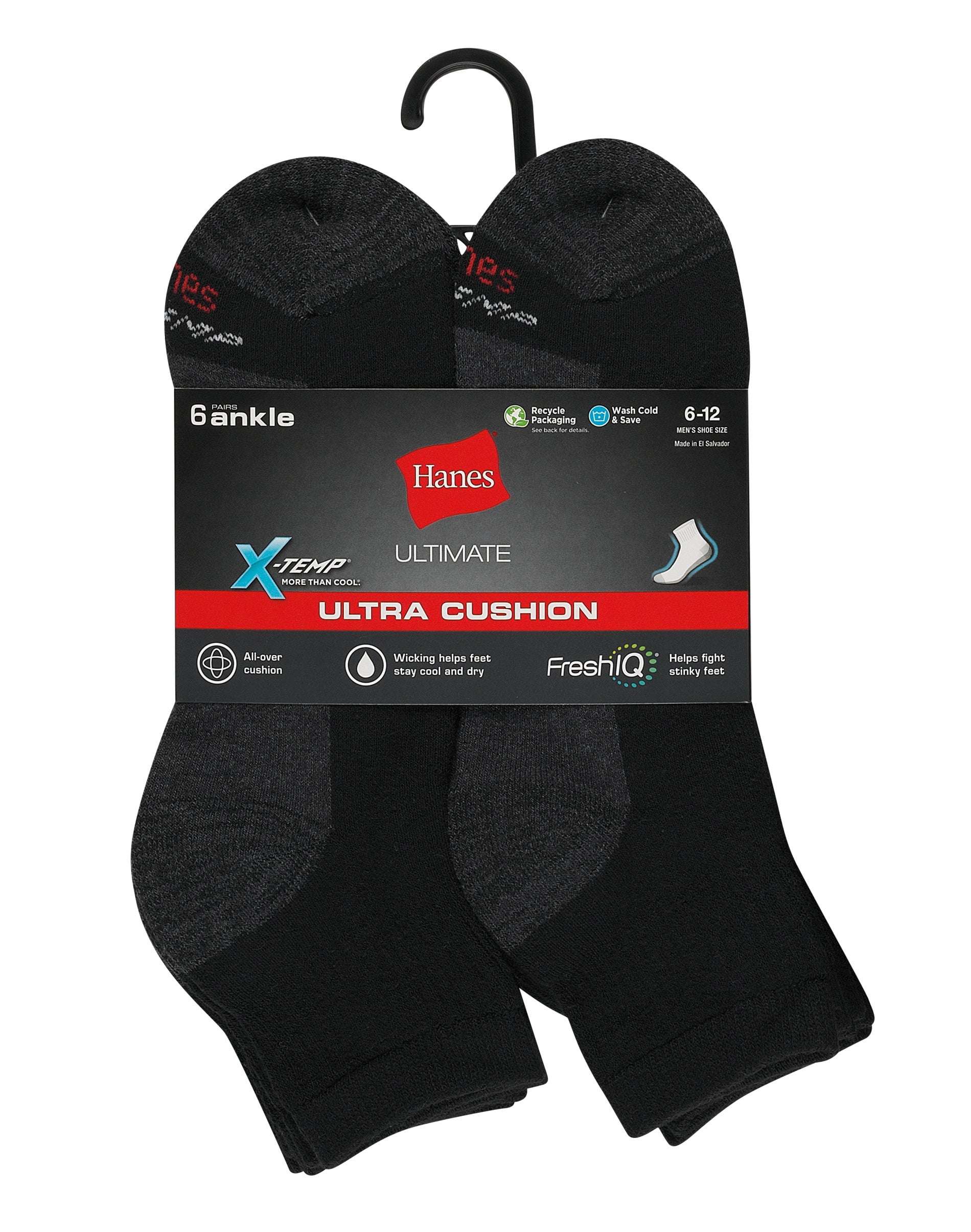 Hanes Ultimate Men's Ultra Cushion Ankle Socks, 6-Pairs Black 6-12