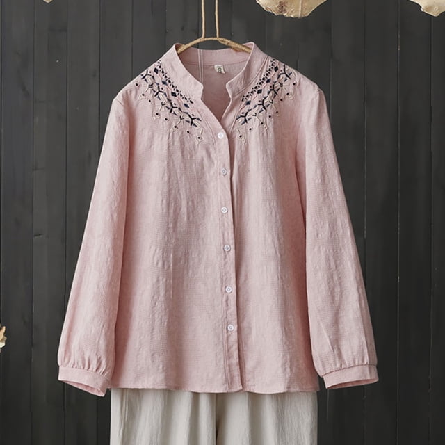 RXIRUCGD Style Ethnique Broderie Colorée Chemise à Manches Longues Col en V Réduit l'Ge Chemise de Protection de la Chair et Col Montant pour Femmes, Rose, Taille : L