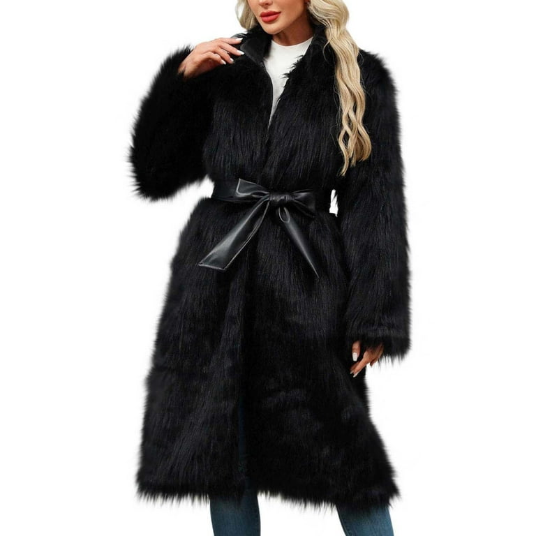 Zpanxa Women's Faux Fur V-Neck Long Coat Open Front Elegant