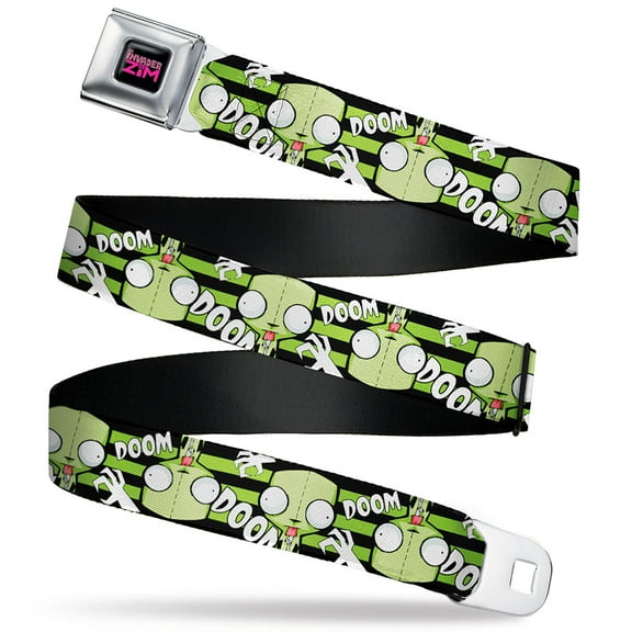 Nickelodeon Belt, Seatbelt Buckle Belt, Invader Zim Gir Doom Flip Poses Stripe Black Green, 30 to 44 Inches