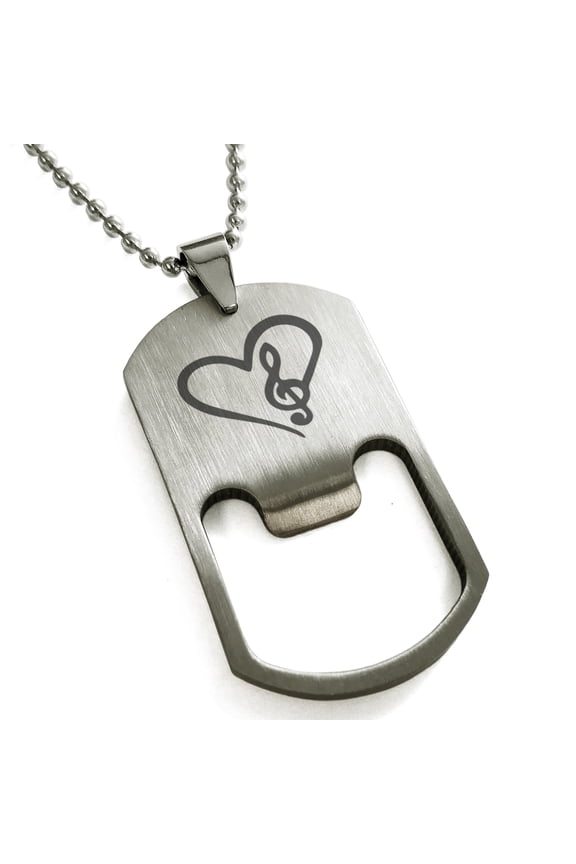 Stainless Steel Love Music Treble Clef Heart Engraved Bottle Opener Dog Tag Pendant Necklace