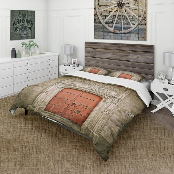 Designart 'Old Red Church Door in Salamanca Spain' Vintage Duvet Cover Set