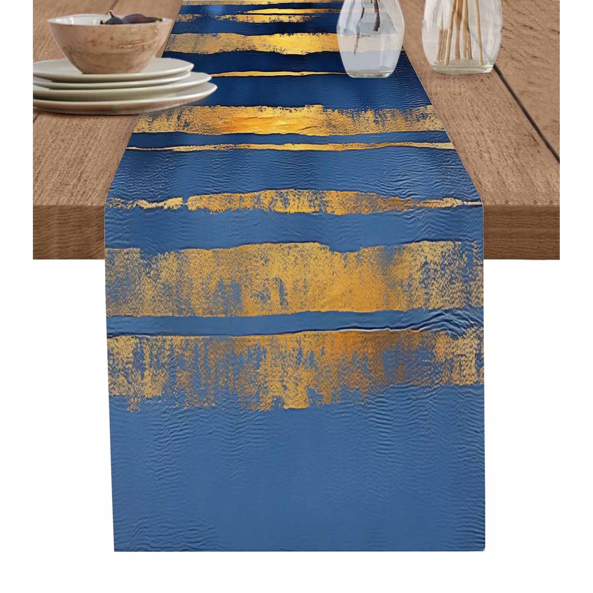Boanket Summer Blue Gold Table Runner - 70 Inch Long Kitchen Dining Table Runner Dresser Scarves Modern Coastal Ocean Wave Farmhouse Decor for Coffee Tables Wedding Party Banquet