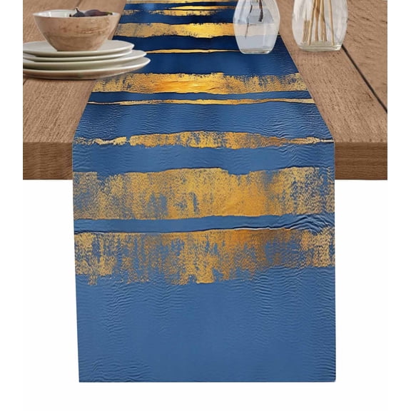 Summer Blue Gold Table Runner 70 Inches, Modern Coastal Ocean Wave Bed Runner Dresser Scarves Tabletop for Indoor Outdoor Parties/Ceremony/Banquet, 13" x 70"