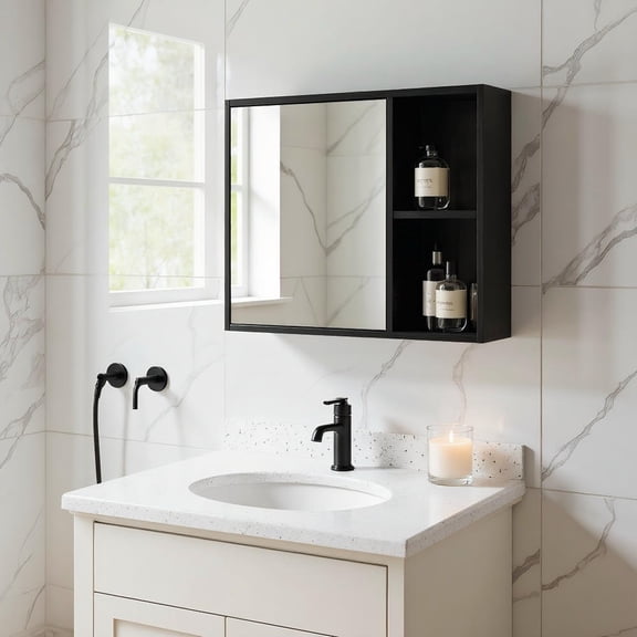 Barara King Bathroom Wall Medicine Cabinet with Single Mirror Door for Easy Access Storage and Vanity Area Organizer in Contemporary Home Restroom, Black
