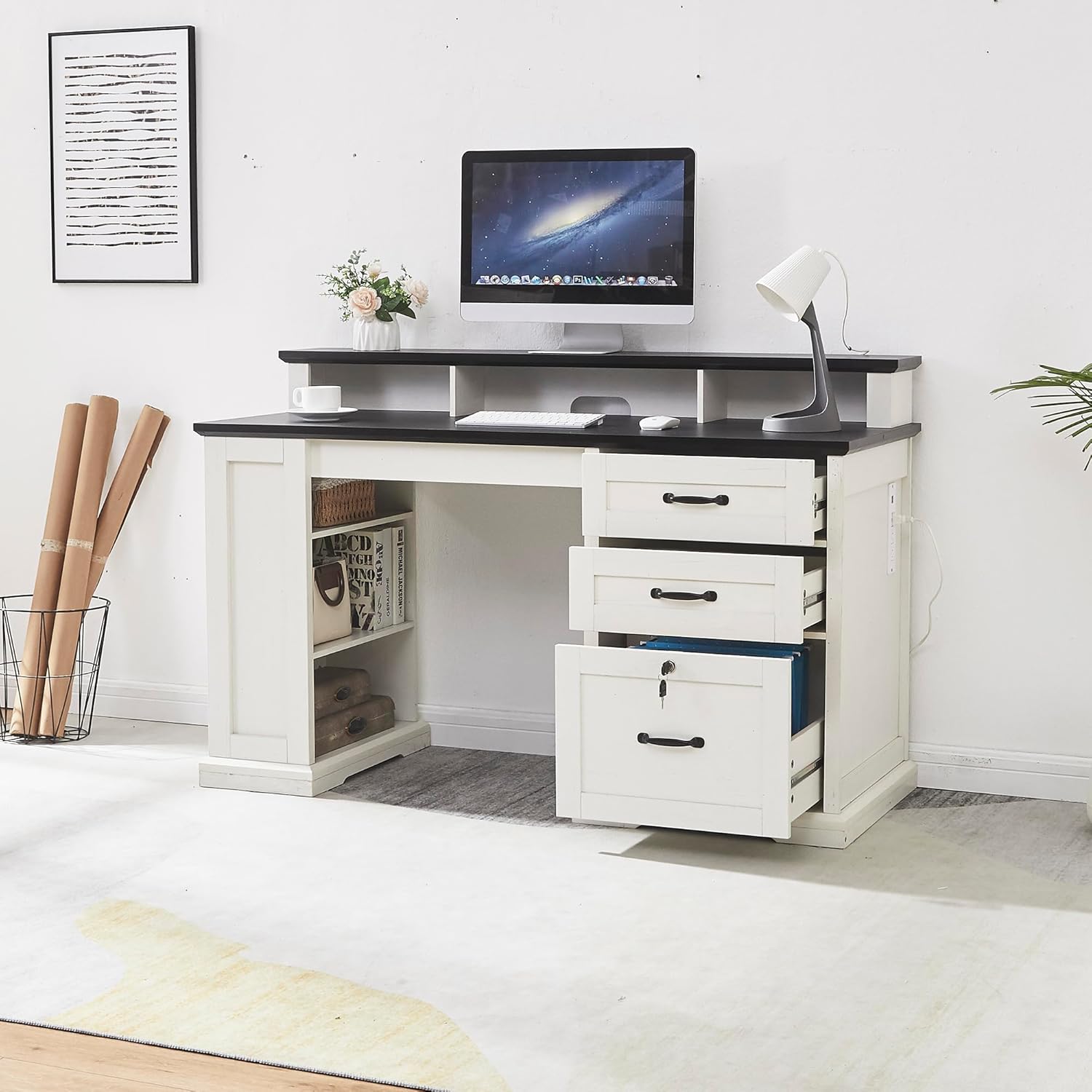 55”Farmhouse Executive Desk with Side Bookshelf, Home Office Desk with Monitor Stand, 2 Drawers & Lockable File Cabinet,Rustic Computer Desk with Built-in Power Outlet (55")