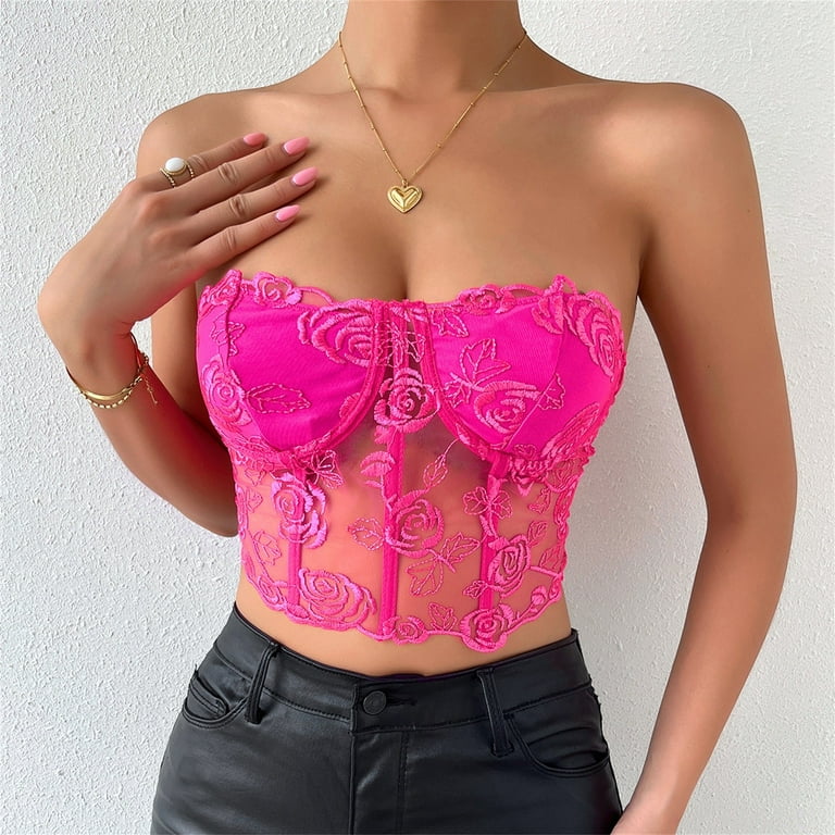LBECLEY Womens Lingerie Sleeve Mesh Top Women's Lace Mesh Rose Tube Top  Comfortable and Breathable with Steel Ring Vest Tube Top Halter Push Up  Bras for Women Hot Pink S 