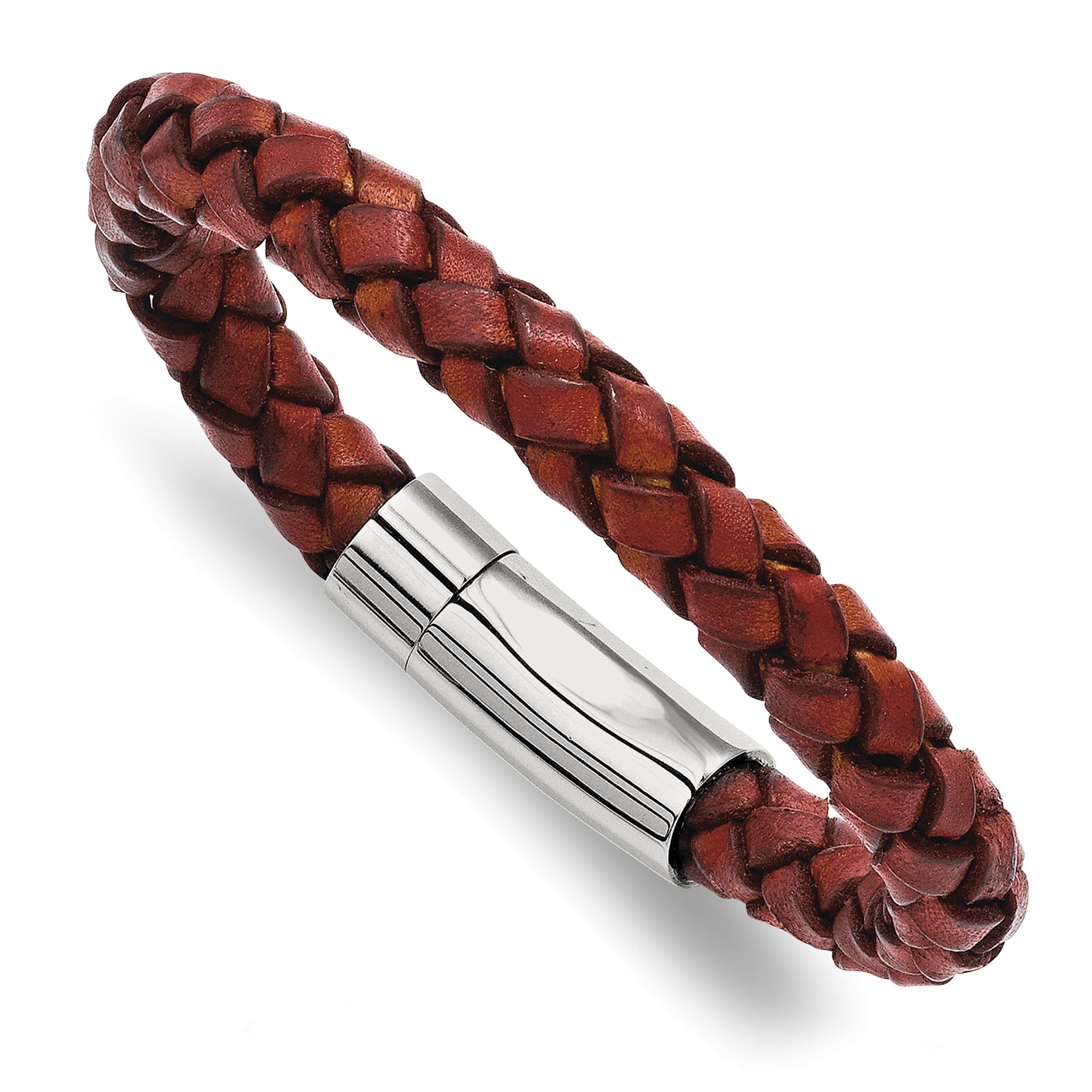 Stainless Steel Polished ID and Reddish Brown Leather Bracelet 8.5in 