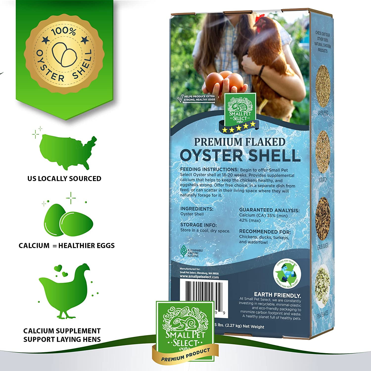 Small Pet Select - 100% Flaked Oyster Shell, Calcium Supplement for Chickens, and Ducks, 5lb