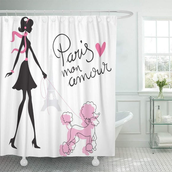 YUSDECOR Pink Eiffel Chic Paris Tower Her Poodle Bathroom Decor Bath Shower Curtain 66x72 inch