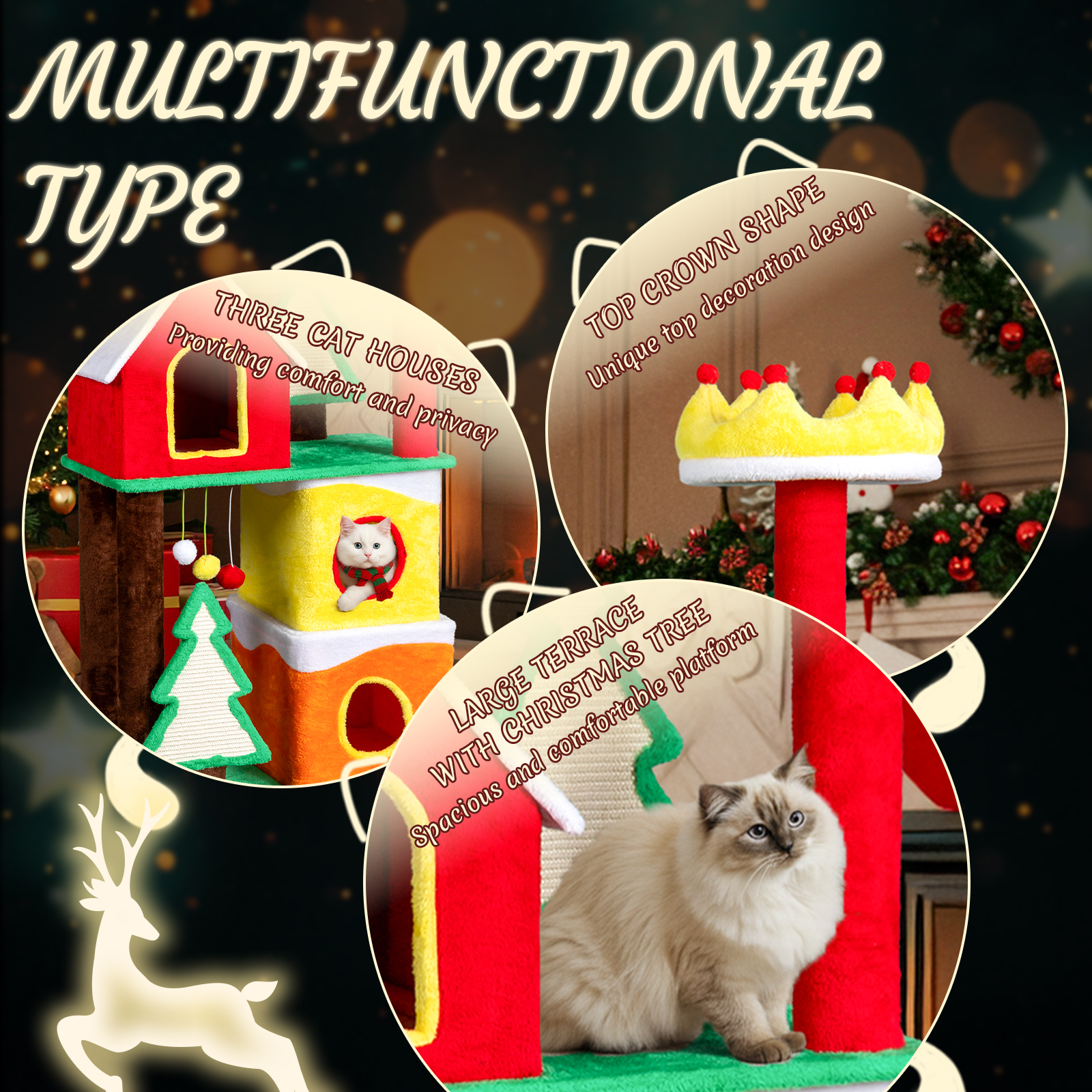 Zimtown Christmas Themed Cat Tree, 56in Multi-Level Tower with Condos, Crown Perch & Sisal Scratching Surfaces