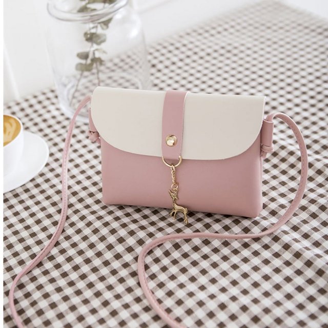 Bolso bandolera pequeño (rosa) con colgante de ciervo, bolso bandolera de piel sintética, cartera para teléfono móvil para niña