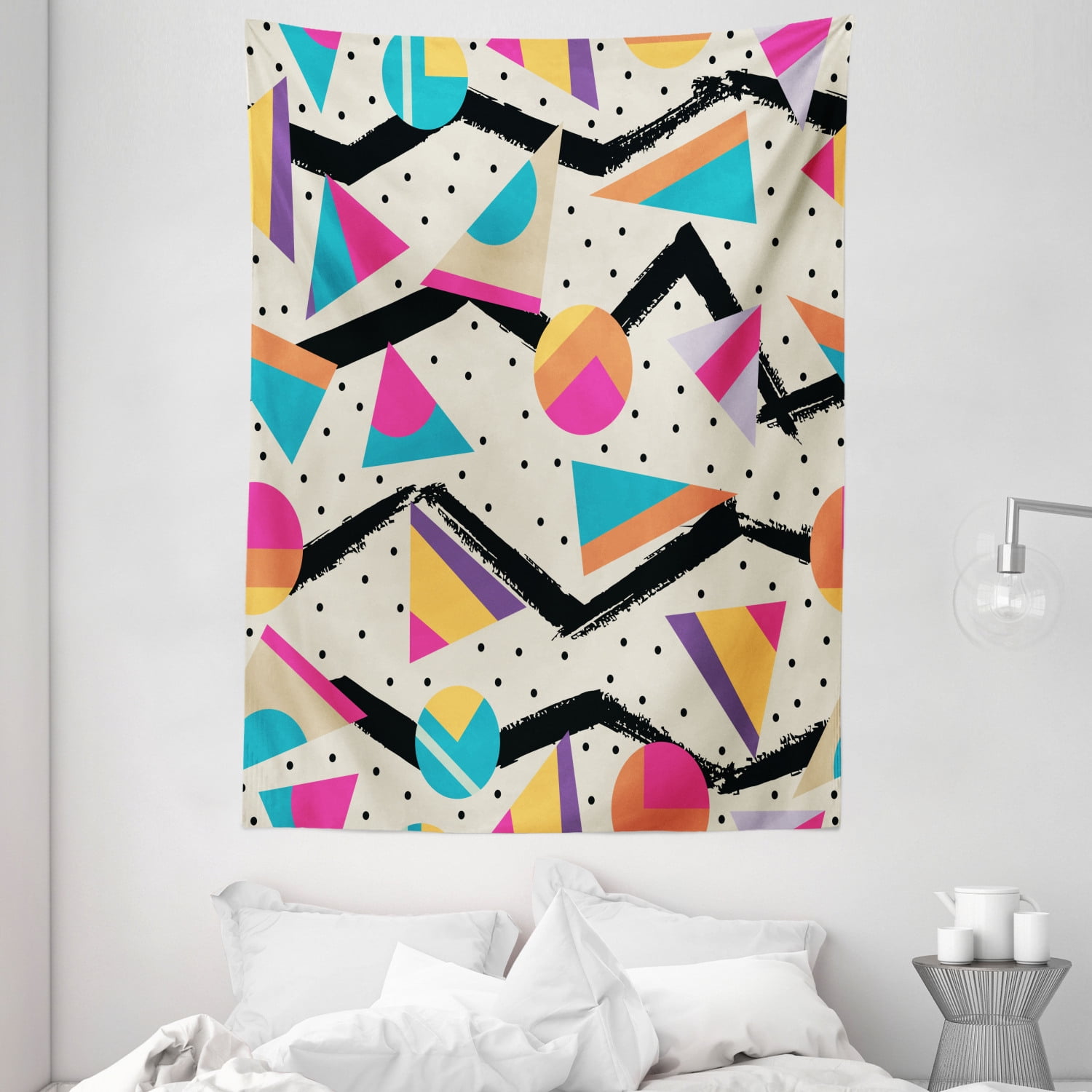 Indie Tapestry, Eighties Memphis Fashion Style Geometric Abstract Colorful Design with Dots 