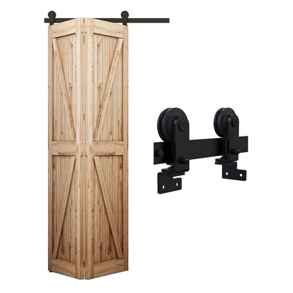 3.3-4FT Double Fold For Sliding Doors Hardware Kit For Unidirectional Barn Doors Black Sliding Door Kit T-shaped, No Door ,Easy Install