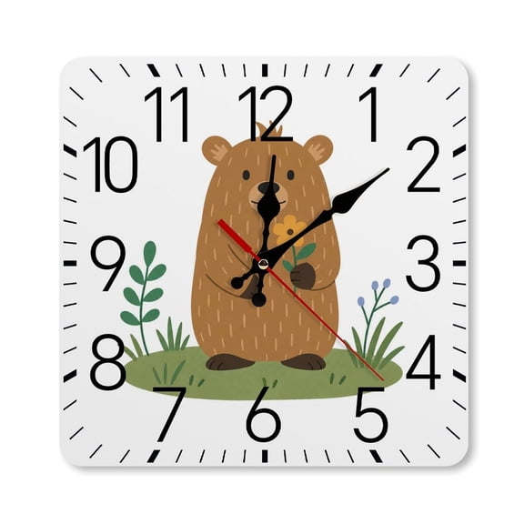 RKSupls 10×10inch Square Silent Wall Clock Wooden Frame, Friendly Beaver Flower Field Scale Decorative Clock for Home Bedroom Living Room Office
