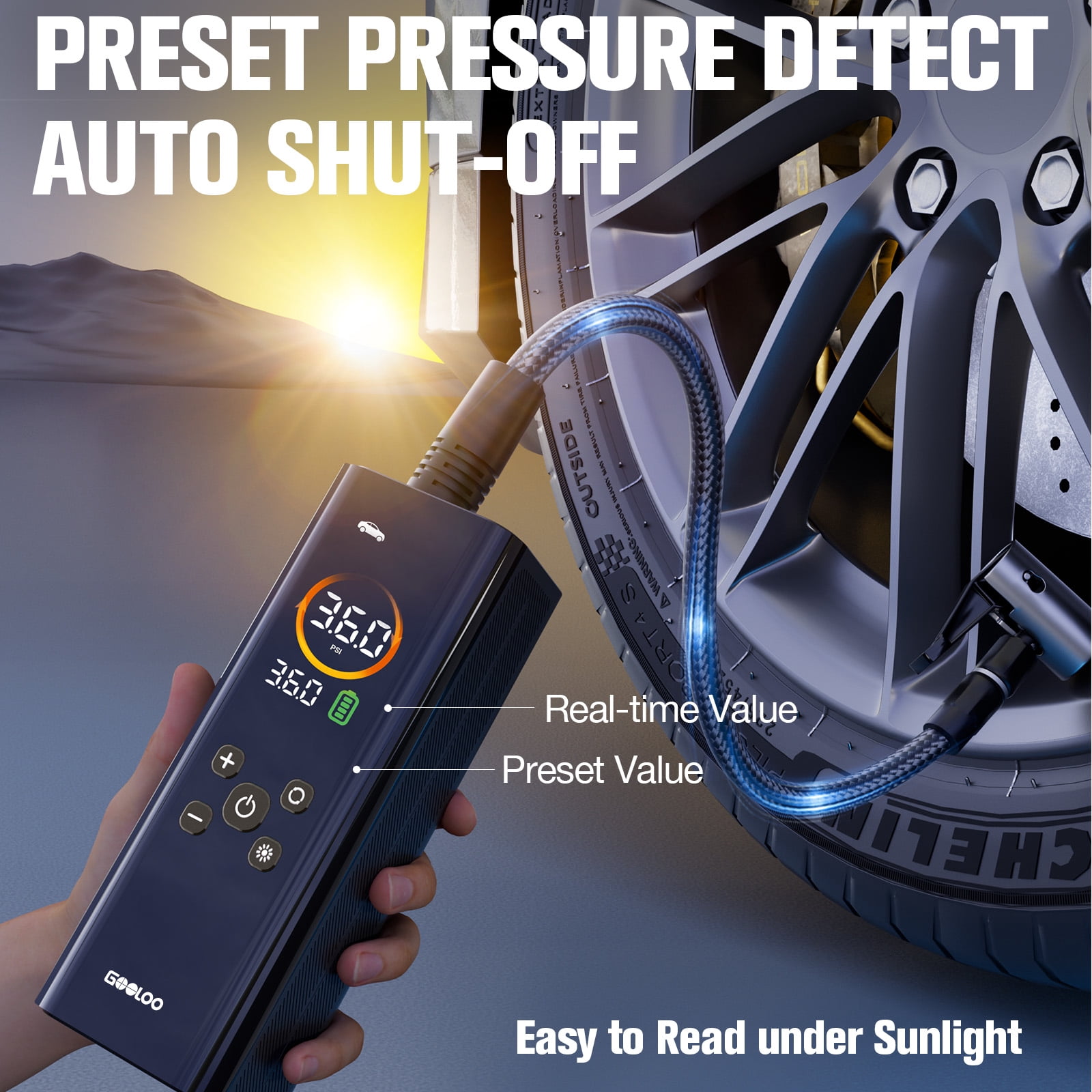 GOOLOO AP150 PRO Tire Inflator, 150 PSI Portable Air Pump with 7500mAh Battery, Digital Pressure Gauge, Auto Shut-Off, LED Light for Cars, Bikes