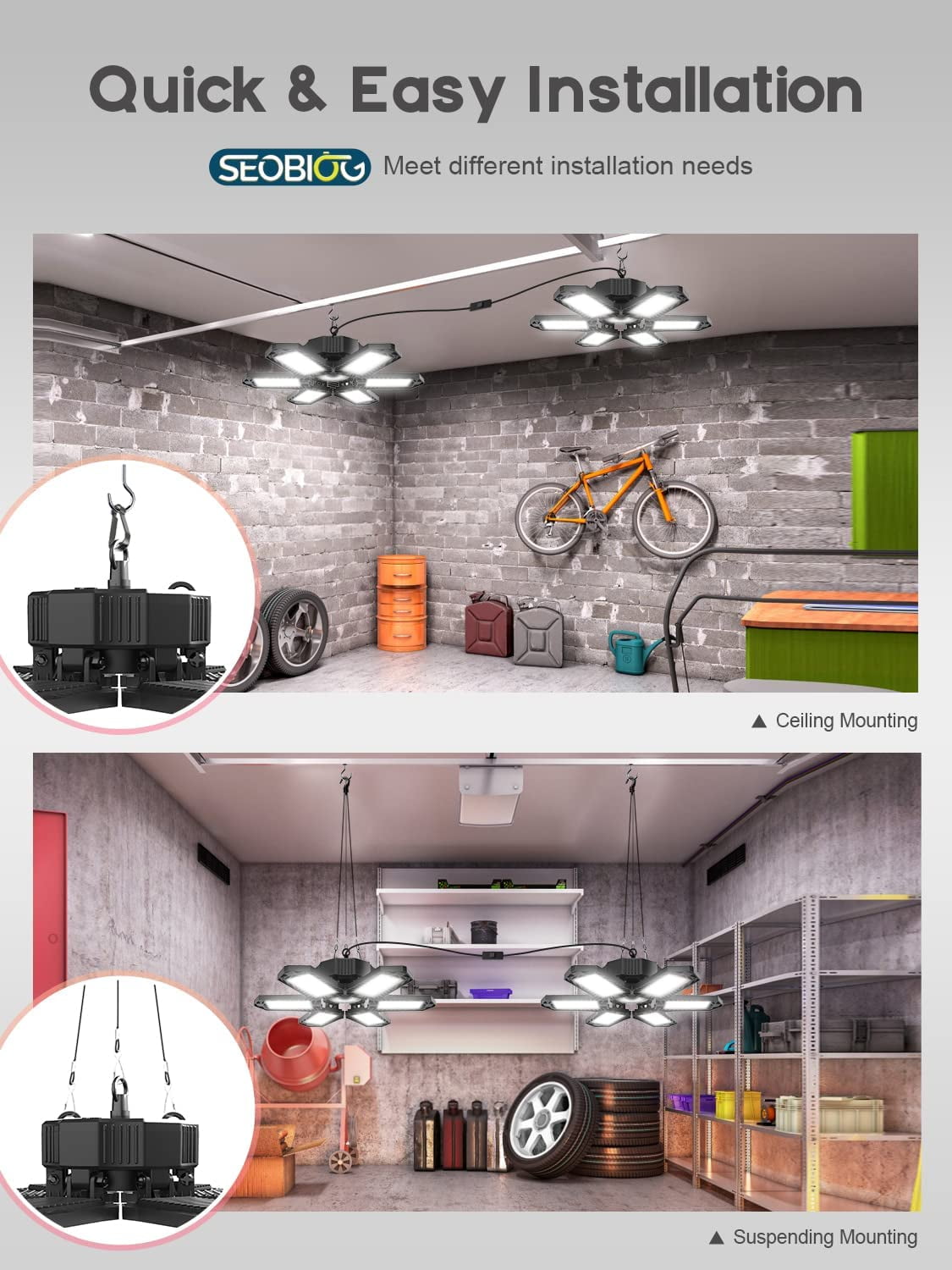 Plug in Garage Light, 200W 20000LM Linkable Shop Light with On/Off Switch, 6500K Hanging LED Lights with 9.84ft Power Cord and US Plug, for Garage, Workshop,Work Bench