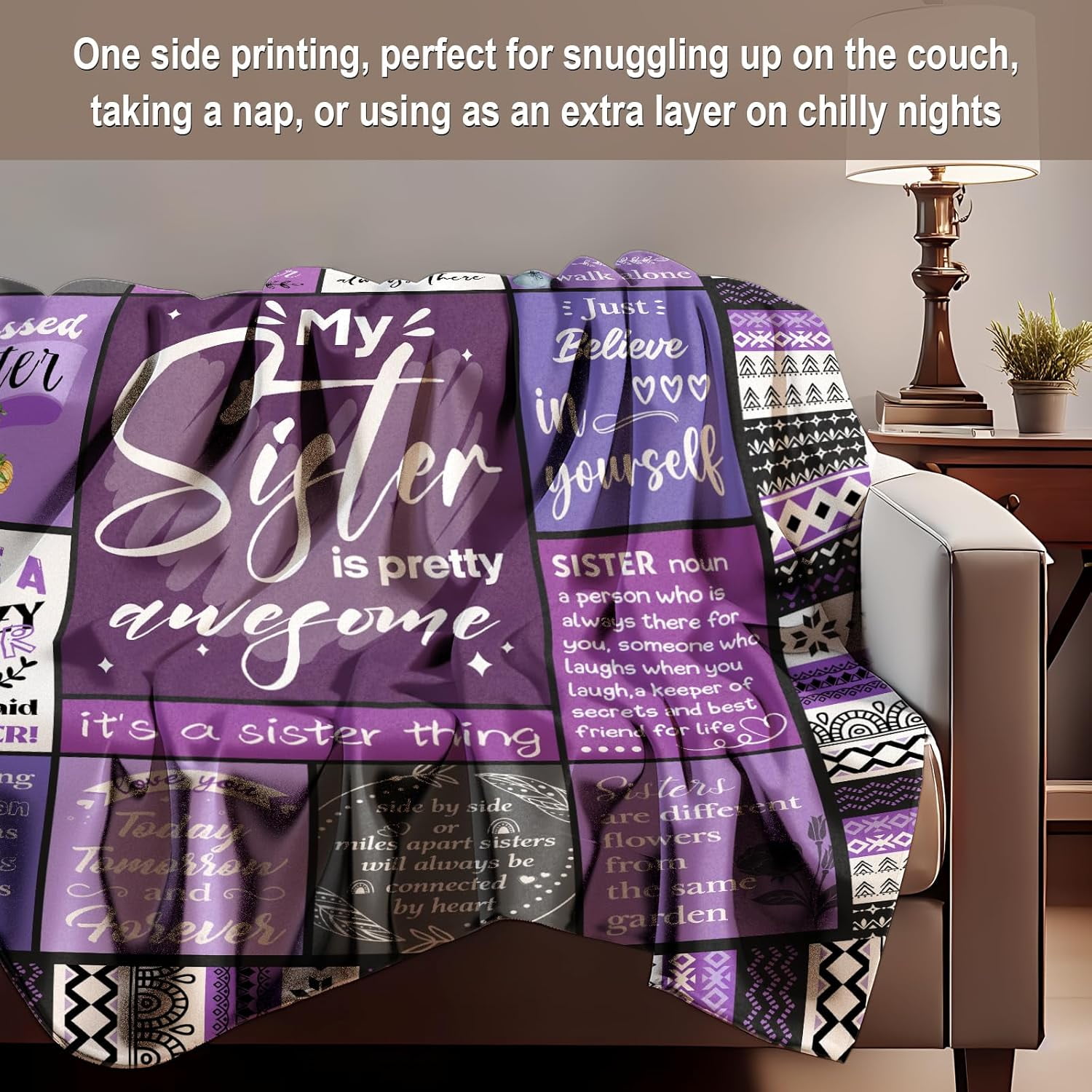 Sister Gifts Blanket Happy Birthday Gifts for Sister Unique Gift for My Dear Sis on Mothers Day Christmas Soft Throw Blanket 60" x 50 (Purple)