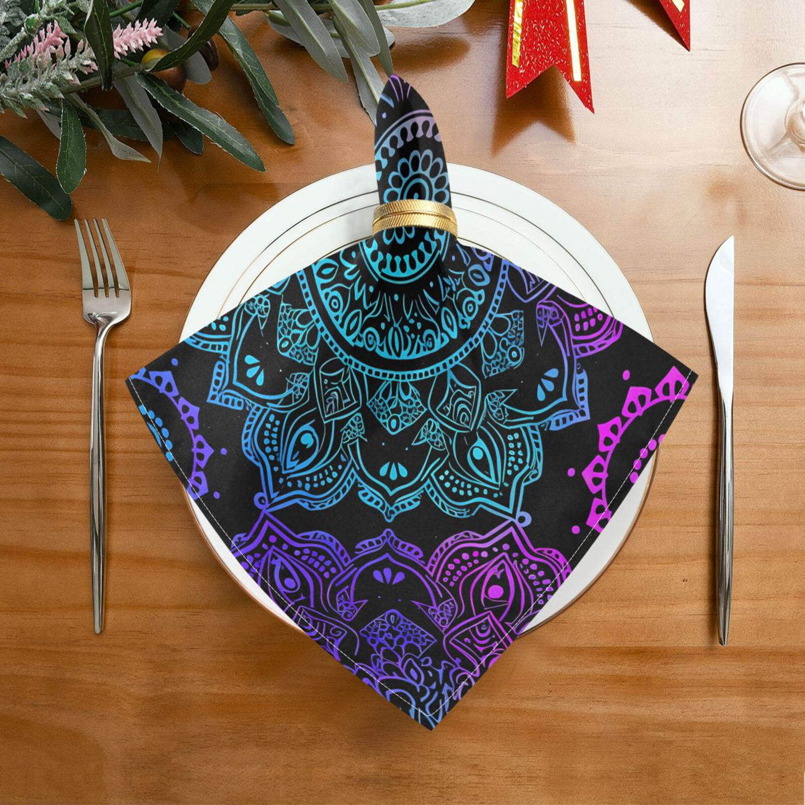 JSTEL Rainbow Mandala Flower Boho Cloth Napkins Set of 6, 20x20 Inch Washable and Reusable Napkin for Decoupage Dinner Party Everyday Use