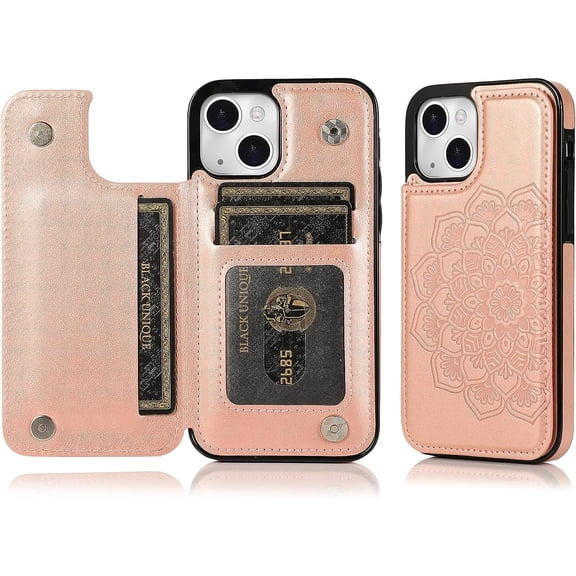 Case for iPhone 14 6.1 inch, Premium PU Leather Flip Case [Two Magnetic Clasp] [Card Slots] Stand Function Embossed Mandala Pattern Flower Durable Soft TPU Back Wallet Cover - Flower Rose Gold